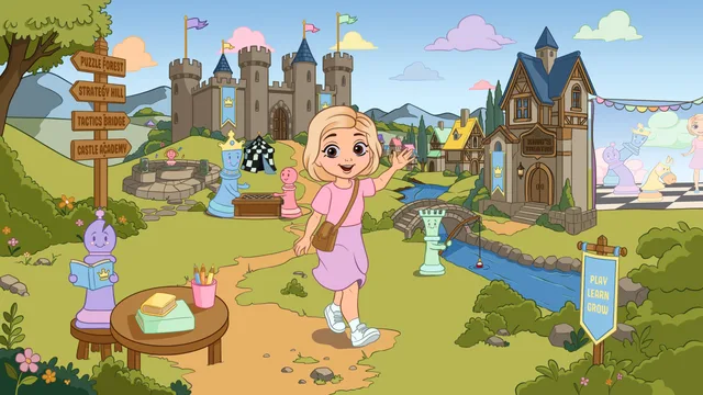 Charlie the chess girl walking through a storybook chess village with a castle, chess-piece friends and the King's Theatre