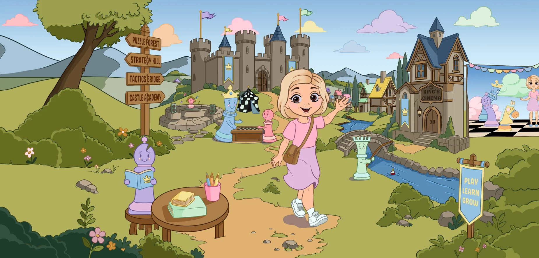 Charlie the chess girl walking through a storybook chess village with a castle, chess-piece friends and the King's Theatre